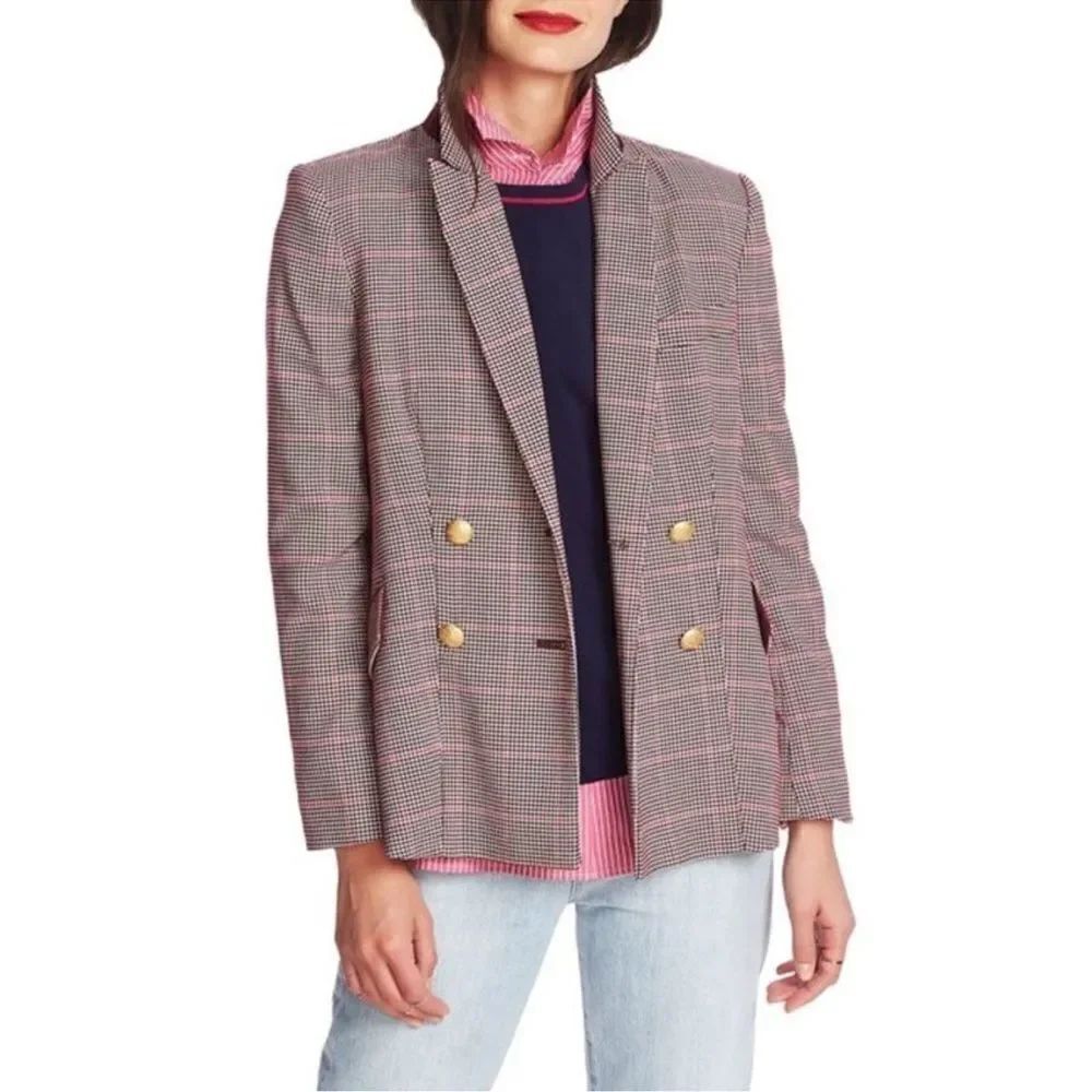 Court & Rowe 0 White Fuchsia Burgundy Plaid Houndstooth Double Breasted Blazer
